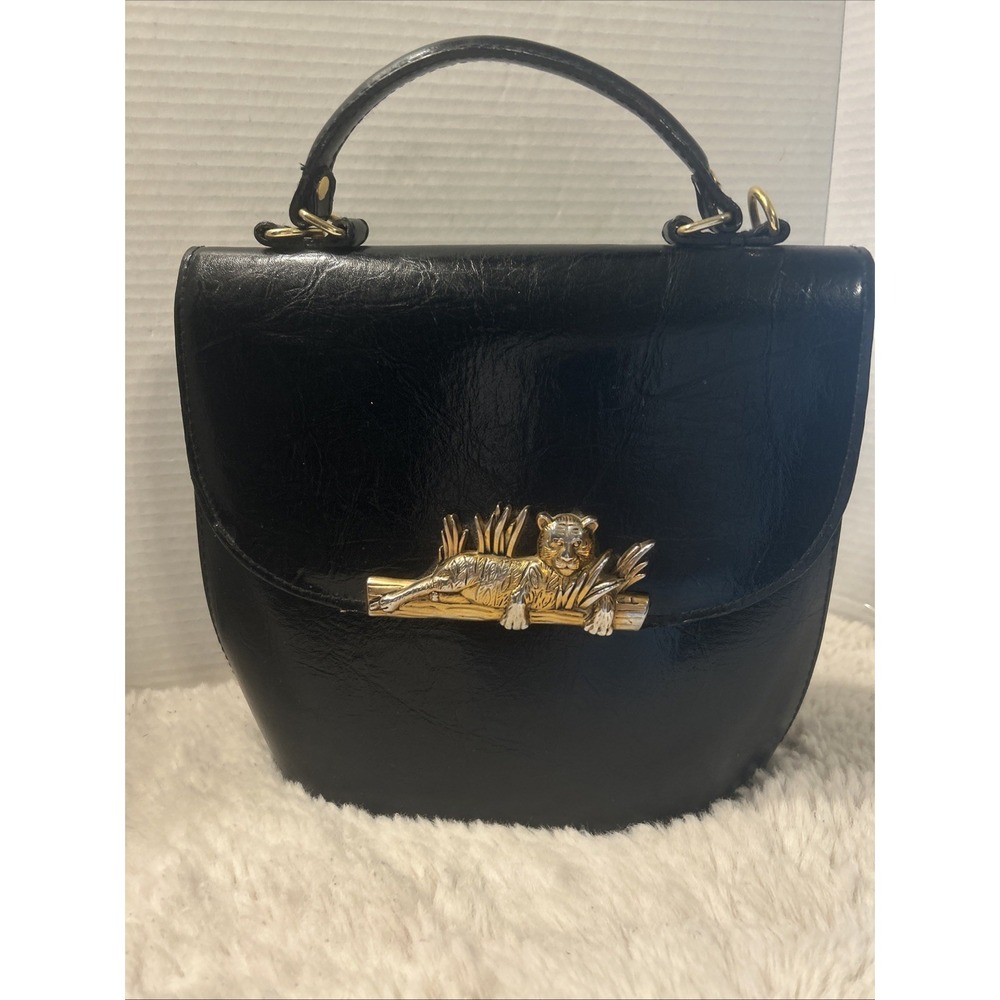 Vintage 1990s Sasha Black Faux? Leather Gold Panther Leopard Purse Handbag